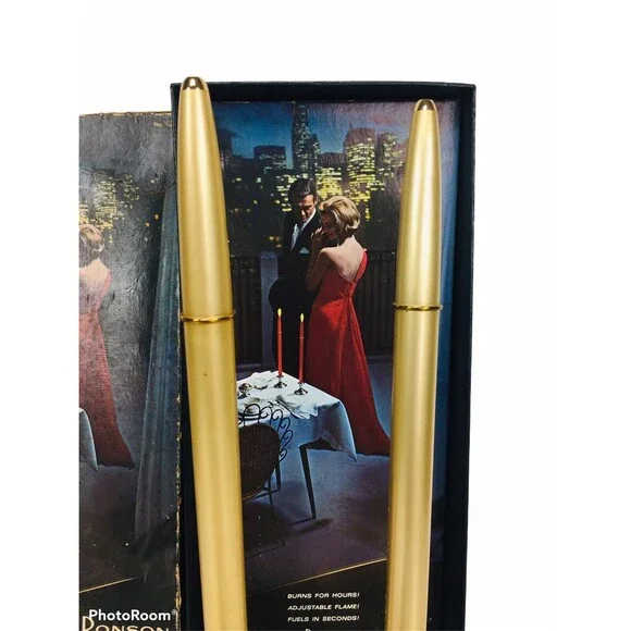 Vintage MCM Ronson Veraflames Gold Gas Candles with Stands in Original Box - Picture 7 of 9